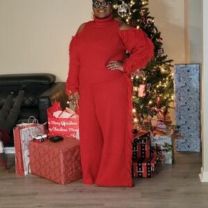 Eloquii Red Cold Shoulder Knit Jumpsuit